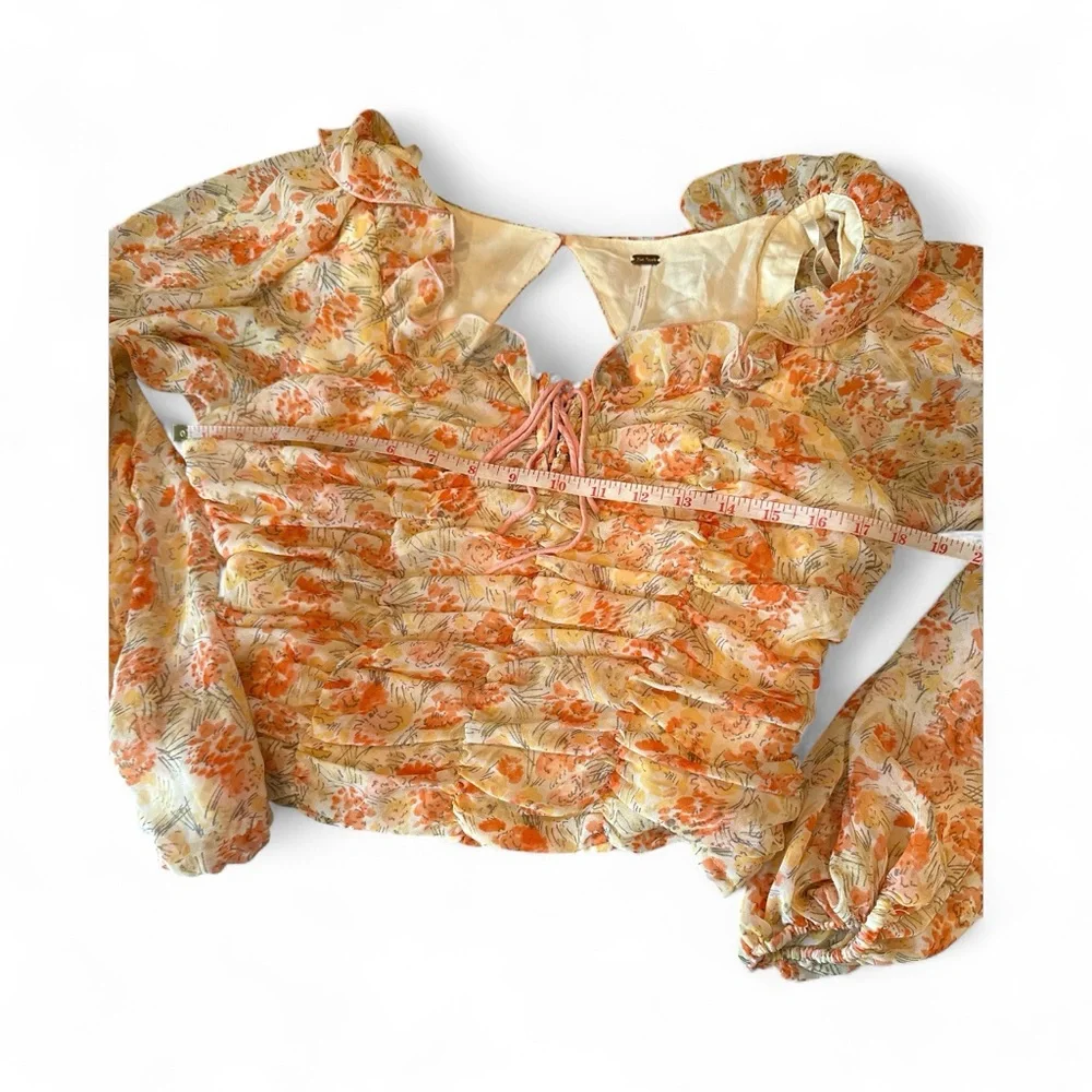 Free People Mabel Printed Blouse M Floral Sheer Sleeve Corset Fairy Ren-Faire